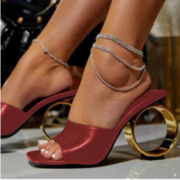 XYD Red Chic Open Square Toe Slide Sandals Round Circle High Heels Slip On Mules - Picture 1 of 8